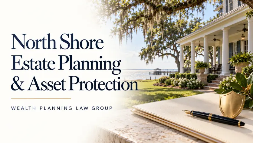 Estate Planning and Asset Protection on the North Shore North Shore Louisiana home beside Lake Pontchartrain with estate planning documents and a shield symbolizing asset protection.
